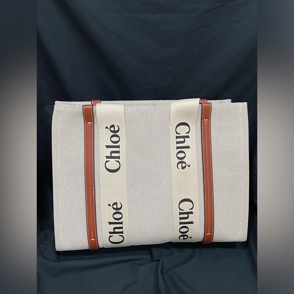 Chloe Small Woody Logo Strap Linen Tote